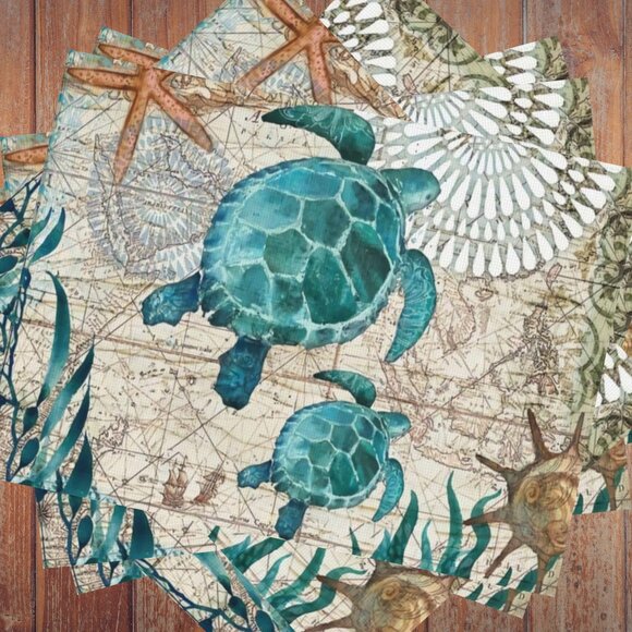 Beach Placemats 8pc Sea Turtle Table Decor Nautical Coastal Dining Decorations - Picture 5 of 14